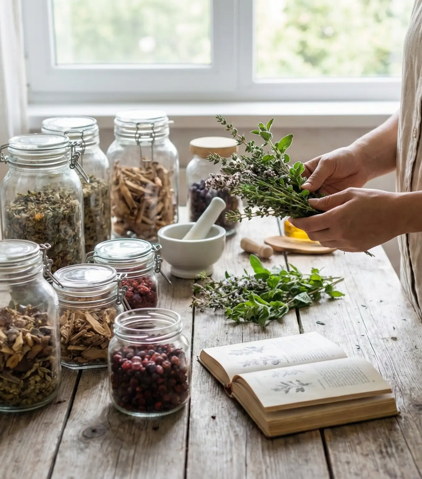 Mesa de trabajo con frascos de hierbas secas y frescas, un mortero, y un libro sobre plantas medicinales, mientras una persona sostiene ramas de hierbas.
